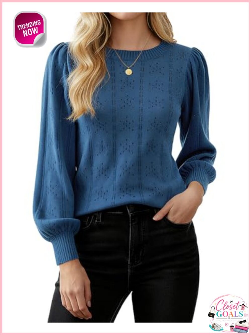 Puff Long Sleeve Crochet Knit Sweater Pullover